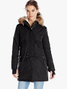 S13 NYC Sherpa Lined Faux Fur Hood Parka Puffer Coat Jacket Black Women's S/M